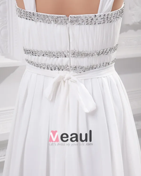 Spaghetti Straps Floor Length Beading Pleated Chiffon Empire Wedding Dress