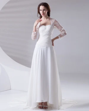 Perles Longueur De Plancher De Mousseline De Soie Dentelle Femme Robe De Mariée Empire Plisse Carre