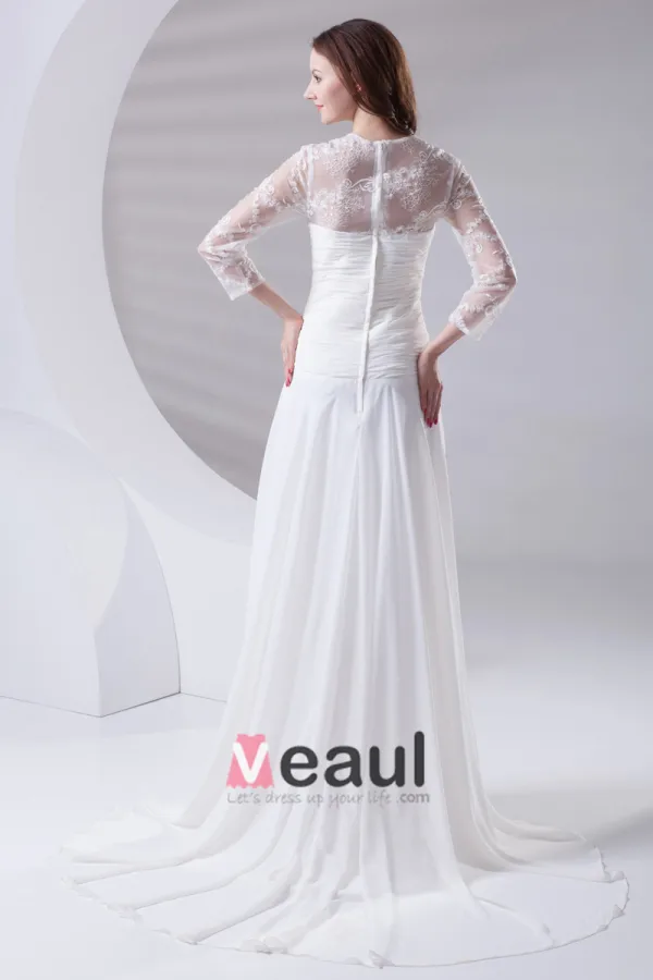 Square Pleated Beading Floor Length Chiffon Lace Woman Empire Wedding Dress