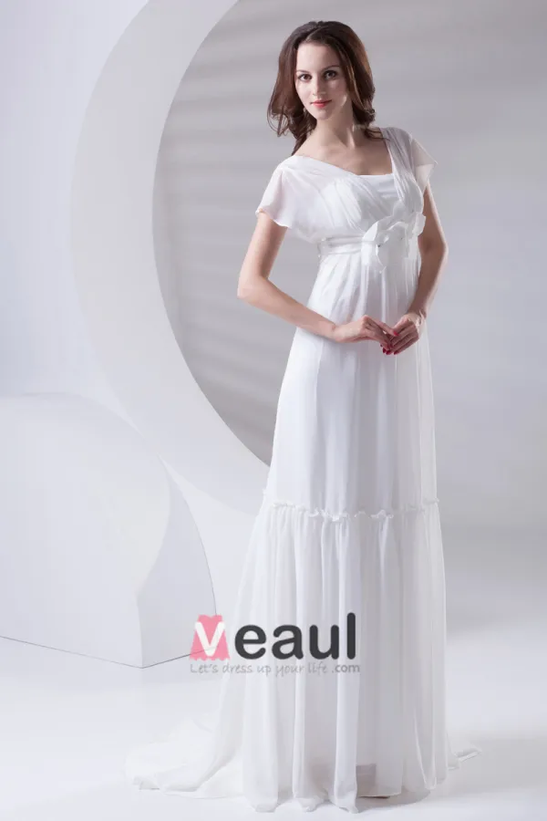 Square Pleated Floor Length Chiffon Woman Empire Wedding Dress