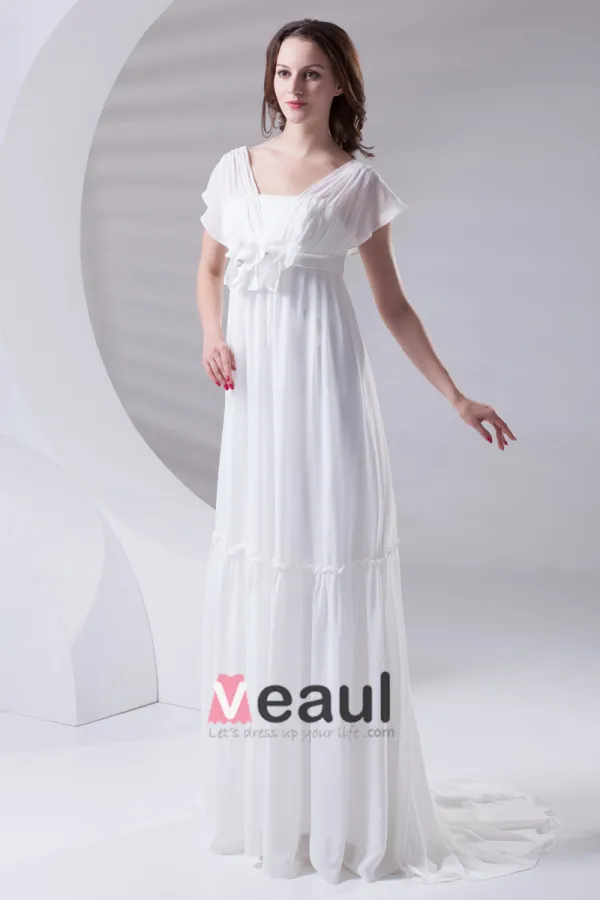 Square Pleated Floor Length Chiffon Woman Empire Wedding Dress