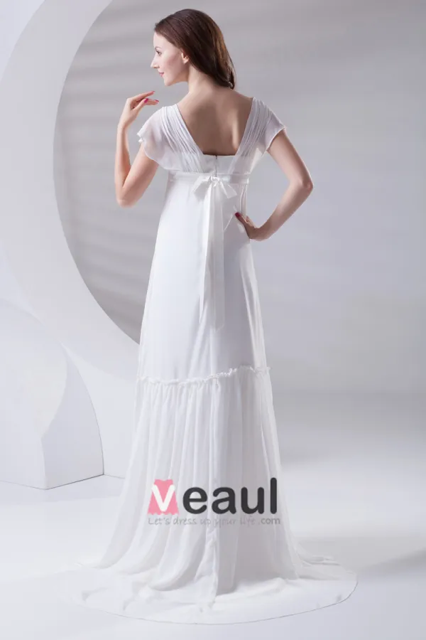 Square Pleated Floor Length Chiffon Woman Empire Wedding Dress