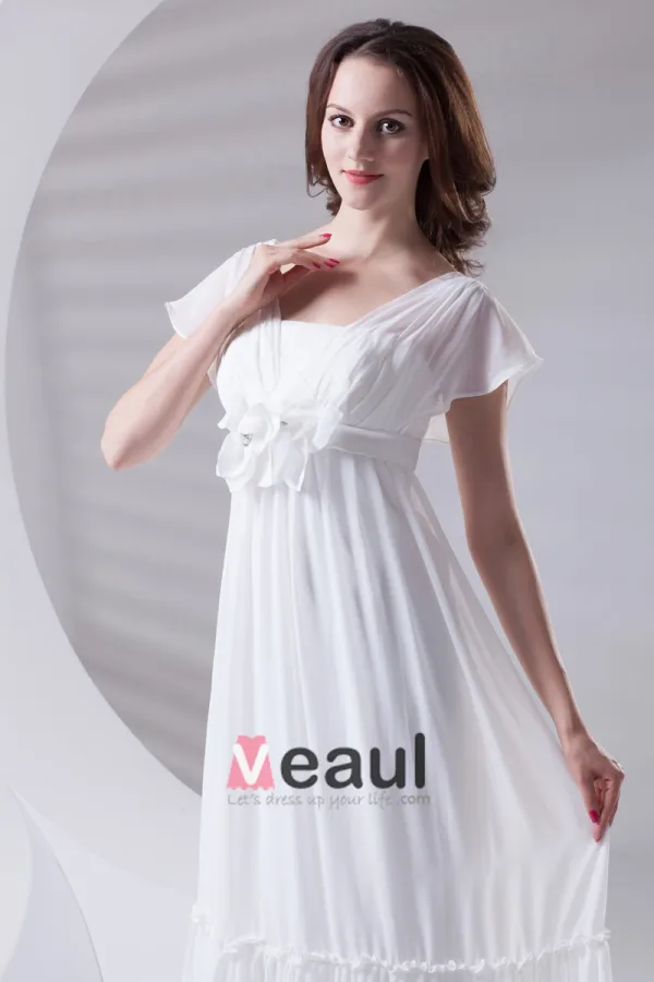Square Pleated Floor Length Chiffon Woman Empire Wedding Dress