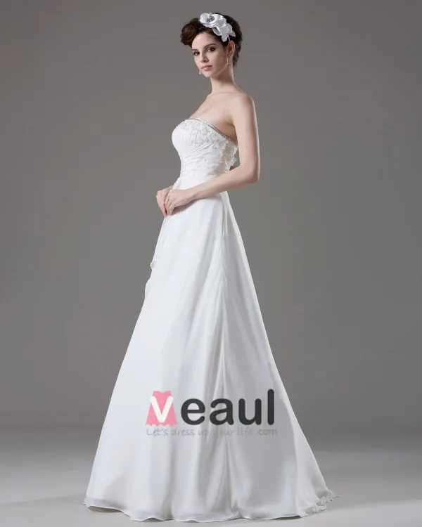 Longueur De Plancher En Mousseline De Soie Robe De Mariée Empire Plissee Perles Bretelles