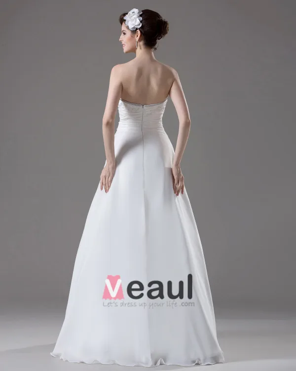Longueur De Plancher En Mousseline De Soie Robe De Mariée Empire Plissee Perles Bretelles