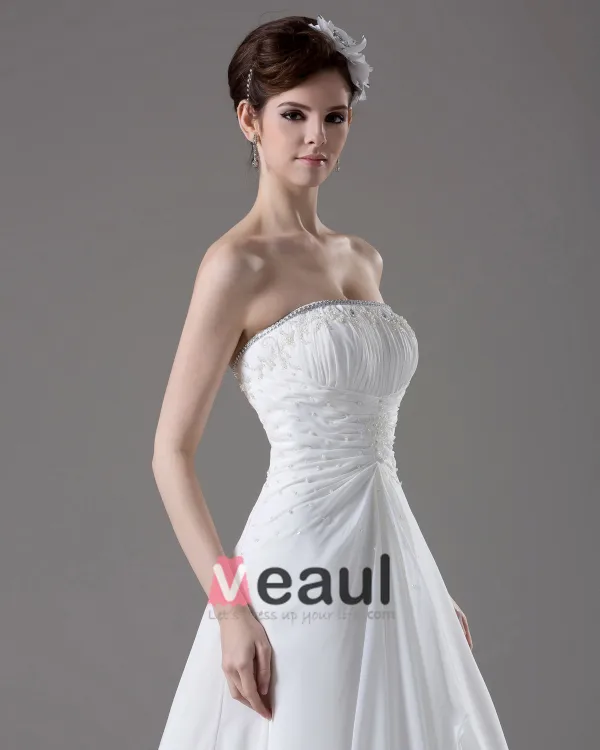 Longueur De Plancher En Mousseline De Soie Robe De Mariée Empire Plissee Perles Bretelles