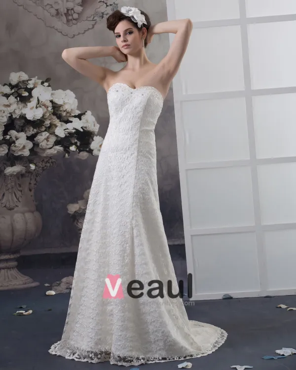 Sweetheart Beading Floor Length Lace Empire Wedding Dress