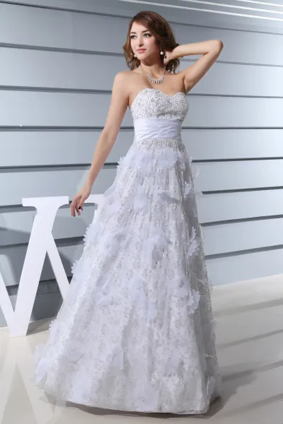 Sweetheart Sleeveless Backless Applique Beading Floor Length Lace Satin Silk Woman Empire Wedding Dress