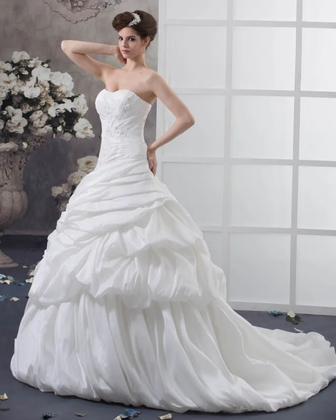 Taffeta Ruffles Beading Applikasjon Domstol Imperium Brudekjoler Bryllupskjoler