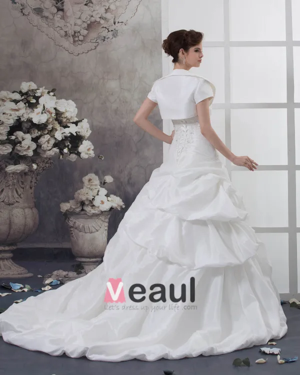 Taffeta Ruffles Beading Applique Court Empire Bridal Gown Wedding Dress