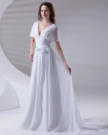 V Neck Długosc Podlogi Wzburzyc Imperium Szyfon Kobieta Sukienki Ślubne Suknie Ślubne