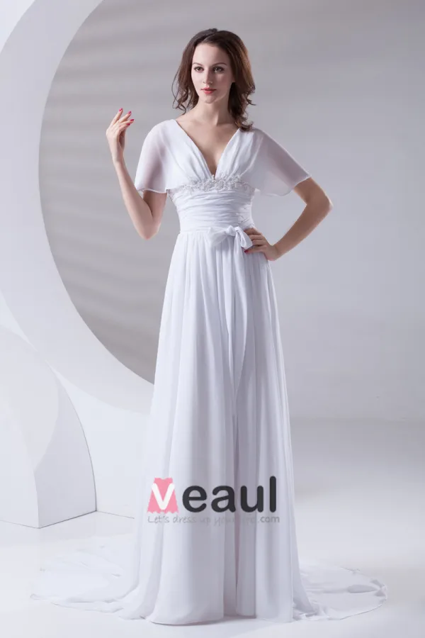 V Cou De Ruche De Longueur De Plancher En Mousseline De Soie Robe De Femme De Mariée Empire