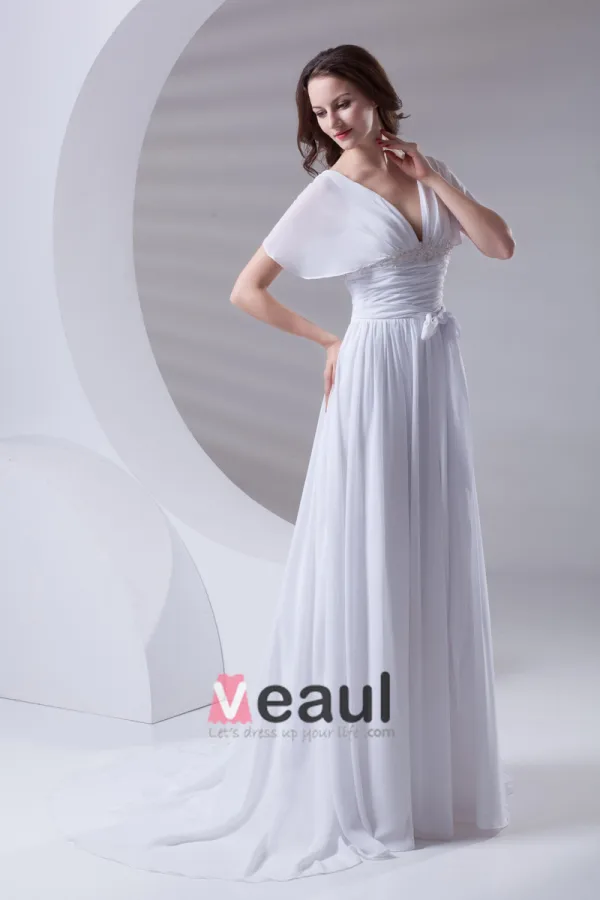 V Cou De Ruche De Longueur De Plancher En Mousseline De Soie Robe De Femme De Mariée Empire