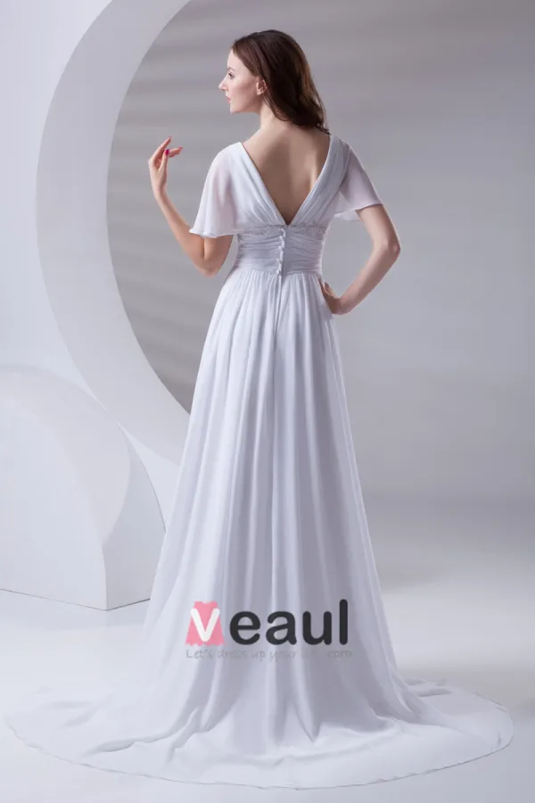 V Cou De Ruche De Longueur De Plancher En Mousseline De Soie Robe De Femme De Mariée Empire