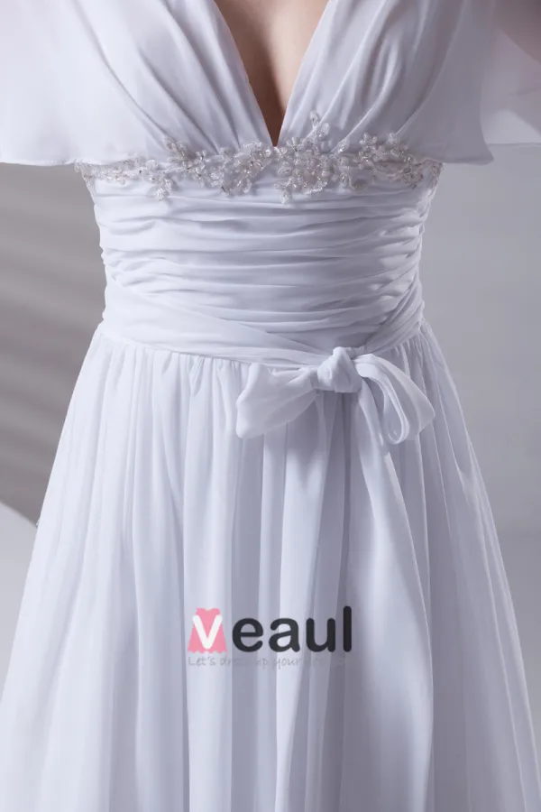 V Cou De Ruche De Longueur De Plancher En Mousseline De Soie Robe De Femme De Mariée Empire