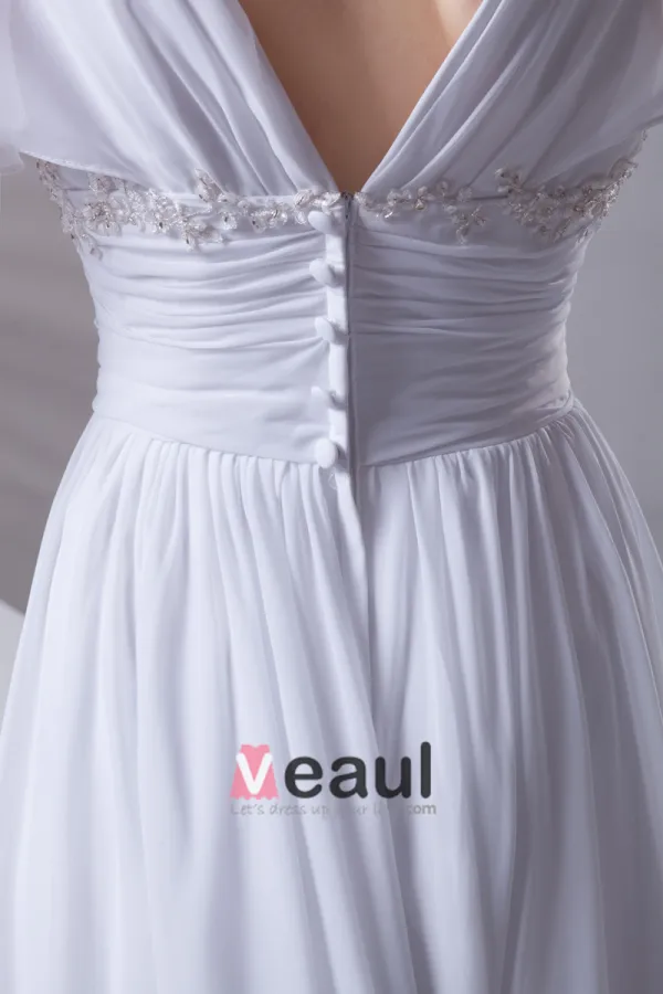 V Cou De Ruche De Longueur De Plancher En Mousseline De Soie Robe De Femme De Mariée Empire