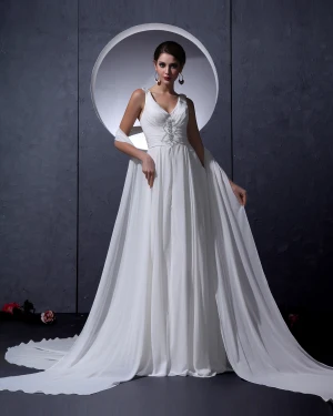 V Cou Longueur De Plancher Unique A Poitrine Manches Perles Ruffle Femme Mousseline De Soie Robe De Mariée Empire