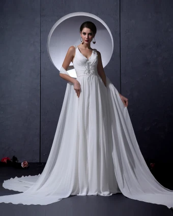 V Neck Sleeveless Single Breasted Floor Length Beading Ruffle Chiffon Woman Empire Wedding Dress
