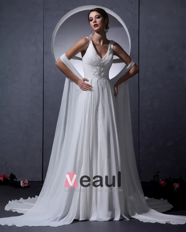 V-ausschnitt Ärmellos Einreiher Bodenlange Sicke Rüschen Chiffon- Frau Reich Hochzeitskleid