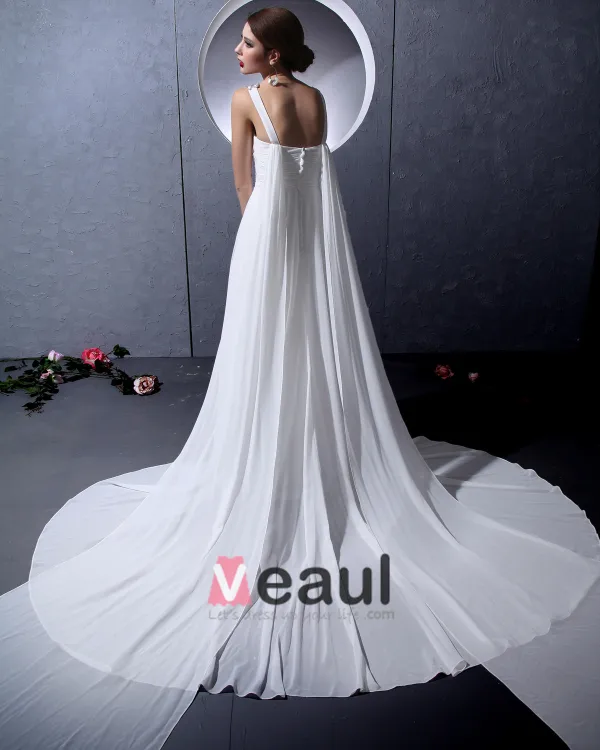 V-ausschnitt Ärmellos Einreiher Bodenlange Sicke Rüschen Chiffon- Frau Reich Hochzeitskleid