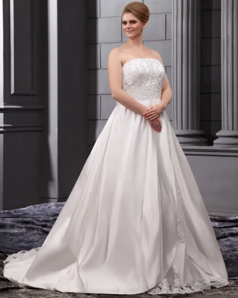 A-Line Strapless Sweep Satin Lace Embroidery Bead Plus Size Wedding Dress