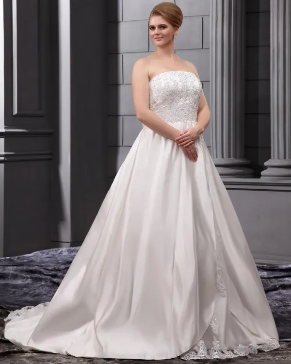 A-Line Strapless Sweep Satin Lace Embroidery Bead Plus Size Wedding Dress