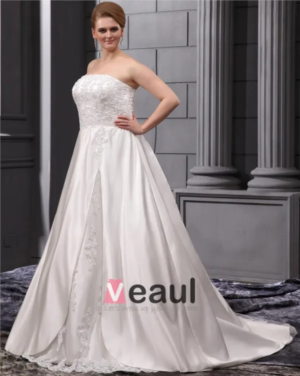 A-ligne De Balayage Bretelles En Satin Dentelle Broderie Robe De Mariée Perle De Taille Plus