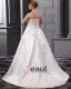 A-ligne De Balayage Bretelles En Satin Dentelle Broderie Robe De Mariée Perle De Taille Plus