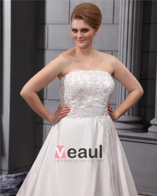 A-ligne De Balayage Bretelles En Satin Dentelle Broderie Robe De Mariée Perle De Taille Plus