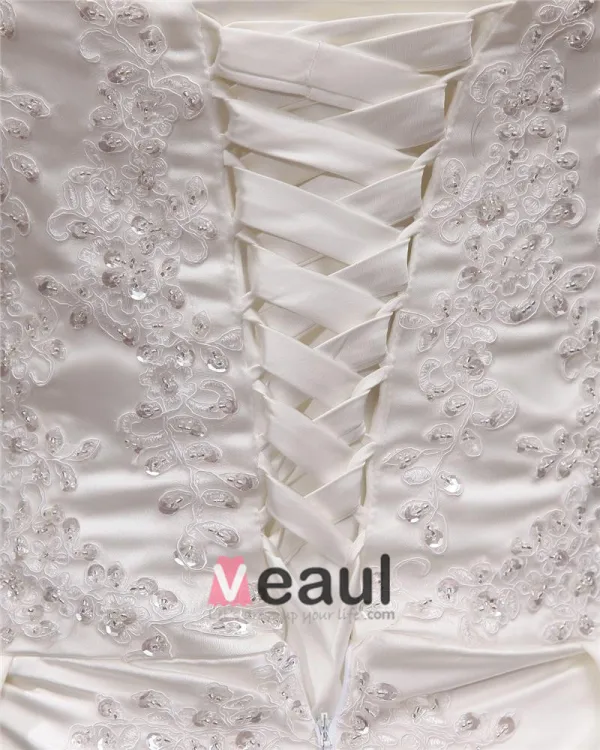 A-ligne De Balayage Bretelles En Satin Dentelle Broderie Robe De Mariée Perle De Taille Plus