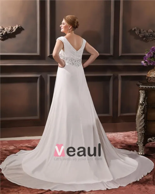 Chiffon Beads Ruffles V Neck Court Plus Size Bridal Gown Wedding Dress