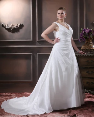 Elegant Col En V Sans Manches En Satin De Plancher Longueur D Une Ligne De Robes De Mariage De Taille