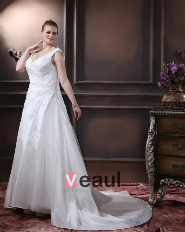 Elegancki-line V-neck Bez Rekawow Satyna Długosc Podlogi Suknia Ślubna Suknie Ślubne Dla Puszystych
