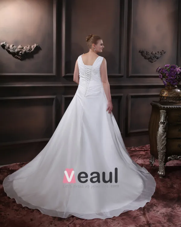 Elegancki-line V-neck Bez Rekawow Satyna Długosc Podlogi Suknia Ślubna Suknie Ślubne Dla Puszystych