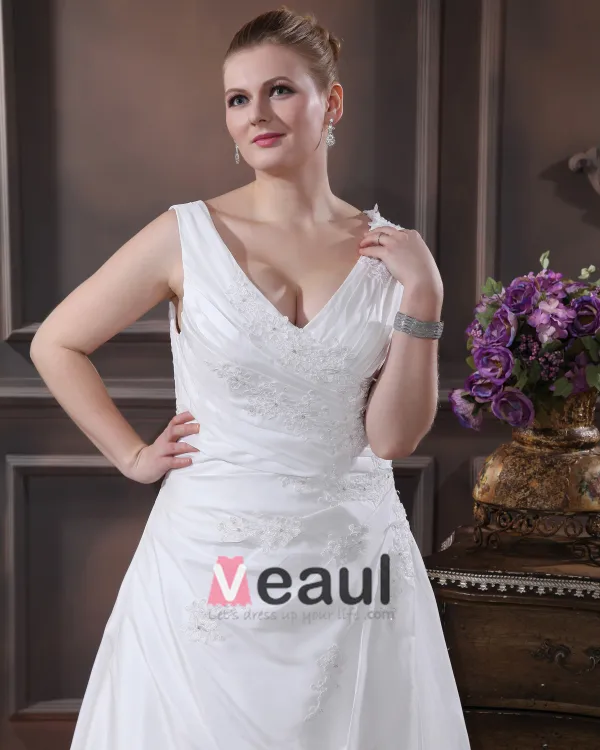 Elegancki-line V-neck Bez Rekawow Satyna Długosc Podlogi Suknia Ślubna Suknie Ślubne Dla Puszystych