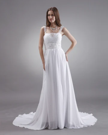 Une Ligne De Perles Fines Bretelles Balayage Train Satin Mousseline De Soie Robe De Mariage Nuptiale Robe