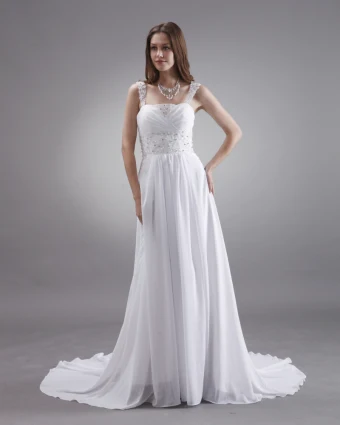 A Line Beaded Spaghetti Straps Sweep Train Satin Chiffon Bridal Gown Wedding Dress