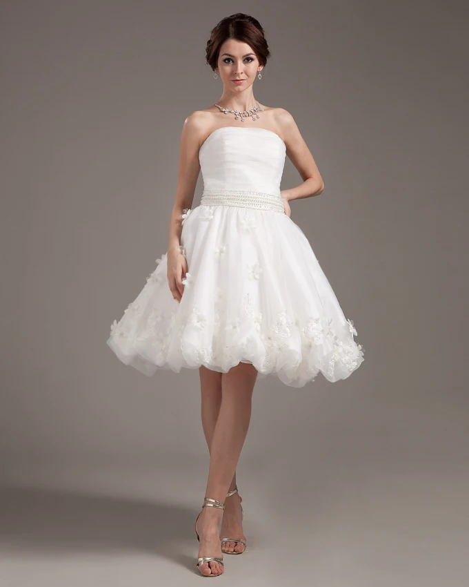 Applikasjon Ruffles Garn Ermelose Stropplose Korte Mini Brudekjoler Bryllupskjoler