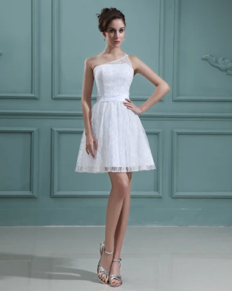 Perles Dentelle Sans Manches En Satin Une Epaule Mini Robes De Mariée Courte