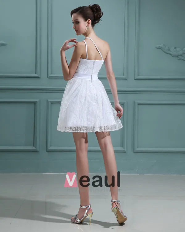 Perles Dentelle Sans Manches En Satin Une Epaule Mini Robes De Mariée Courte