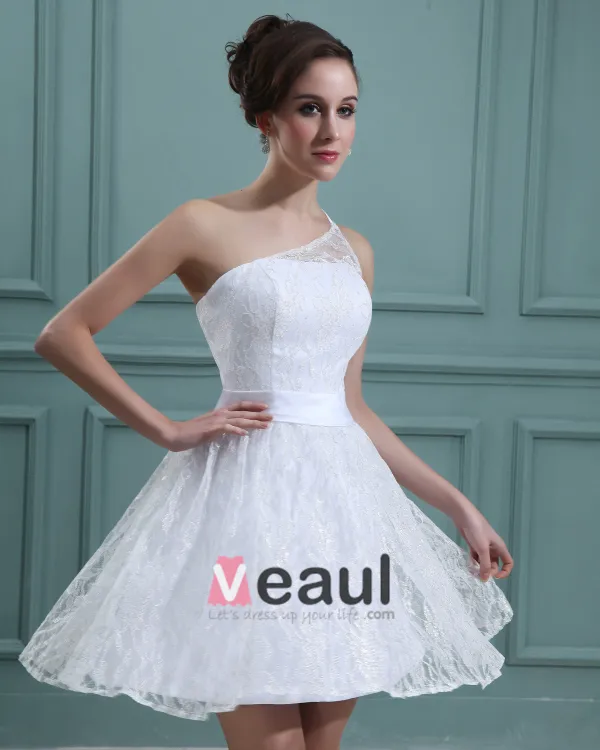 Perles Dentelle Sans Manches En Satin Une Epaule Mini Robes De Mariée Courte