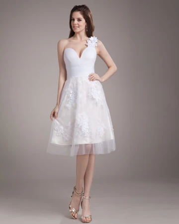 Elegant Applikationer Volanger Ena Axeln Knalang Satin Garn Klänning Mini Brudklänningar Bröllopsklänningar