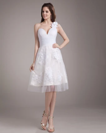 Applique Elegante Herisse Un Genou Longueur Satin Mini Robe De Mariage De Fil De L Epaule