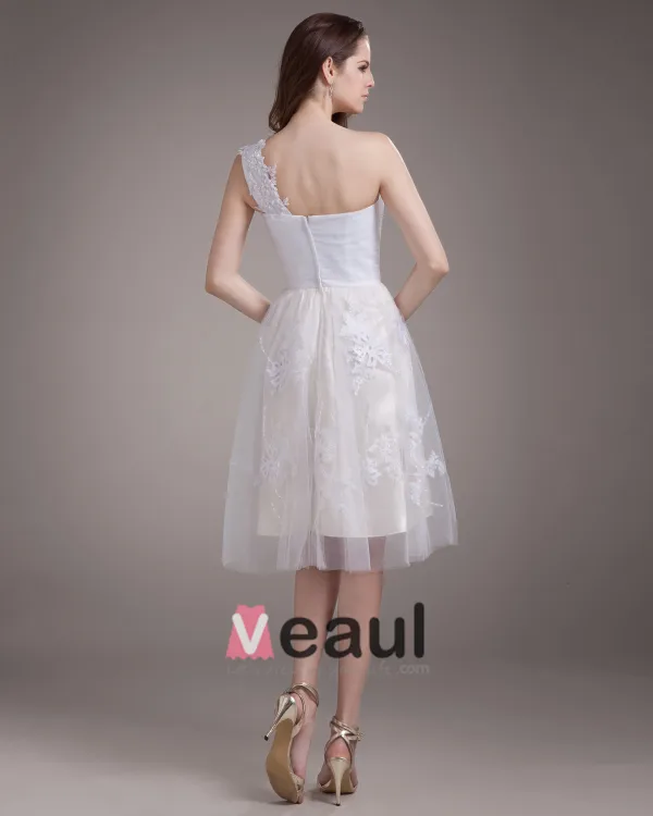Elegant Applique Rüschen Ein Schultergurt Knielangen Satin Garn Brautkleider Mini