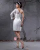 Elegant Lace Satin Sloping One Sleeve Knee Length Short Mini Wedding Dress