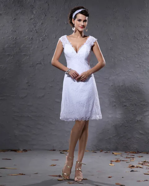 Elegant Satin Lace V Neck Knee Length Short Mini Wedding Dress