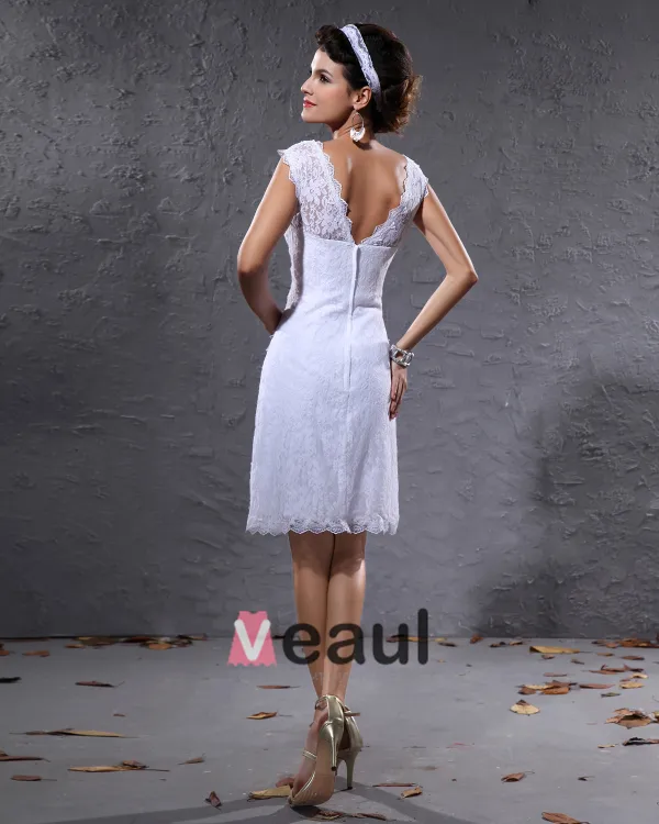 Elegant Satin Lace V Neck Knee Length Short Mini Wedding Dress