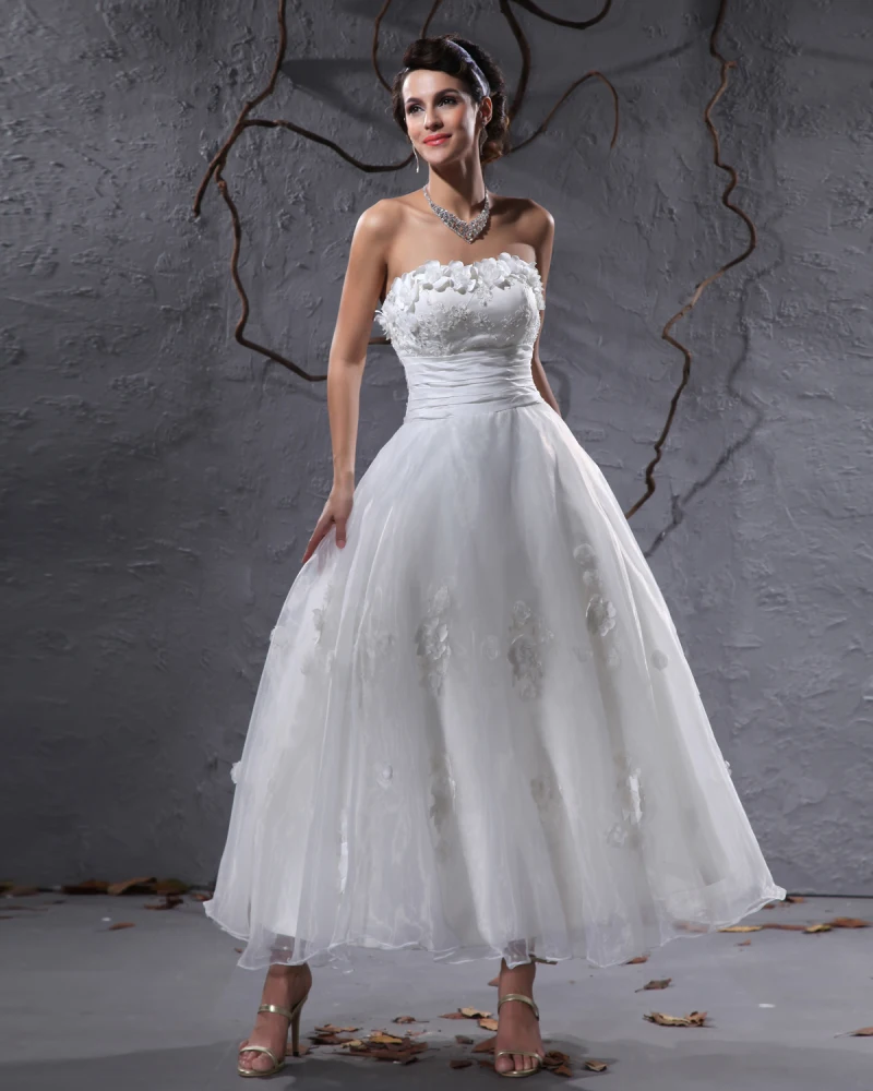 Elegant Taft Garn Applikasjon Beaded Stroppelos Ankel Lengde Kort Mini Brudekjoler Bryllupskjoler