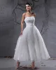 Elegant Taffeta Yarn Applique Beaded Strapless Ankle Length Short Mini Wedding Dress