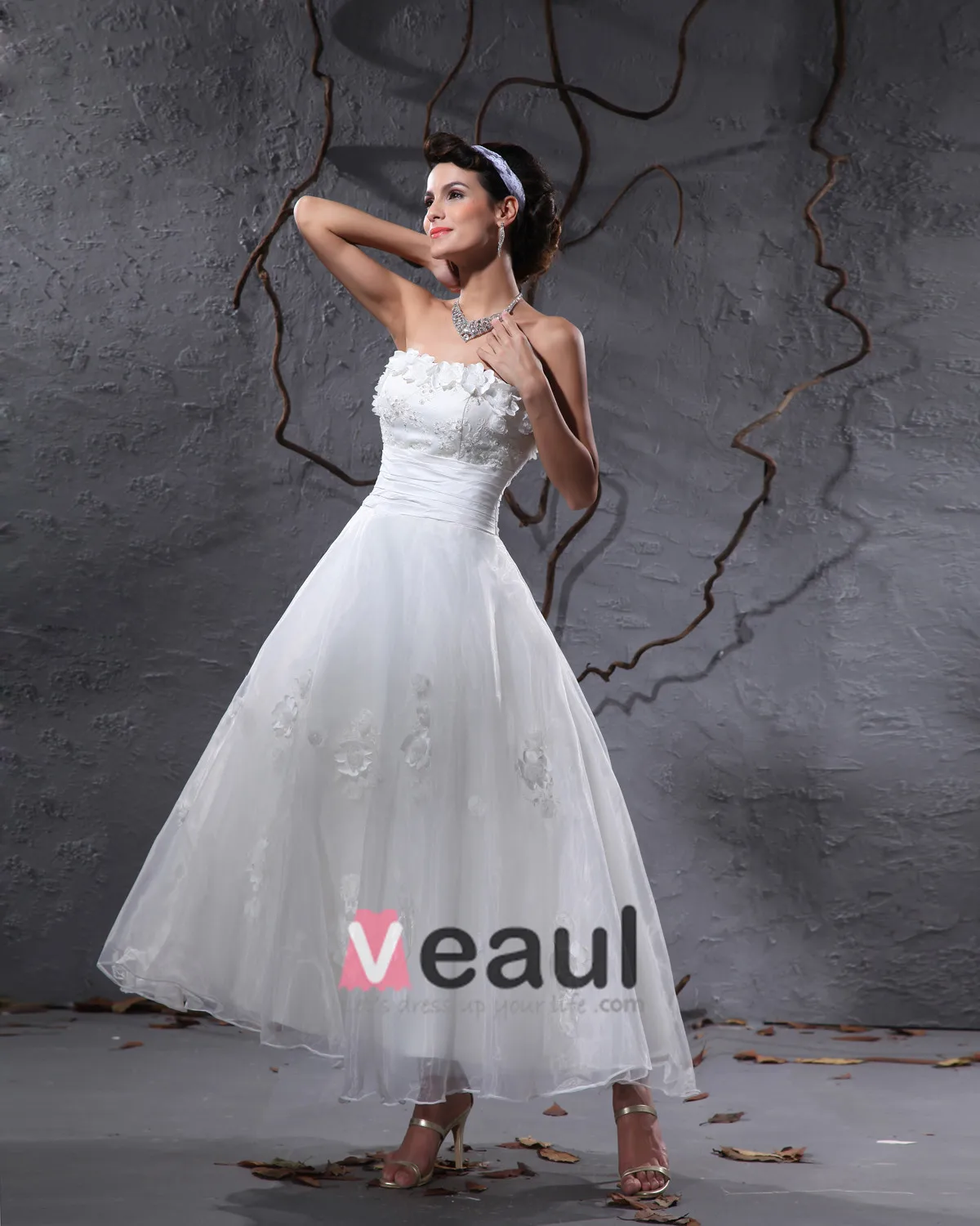 navy blue dress for baby girl Elegant Taffeta Yarn Applique Beaded Strapless Ankle Length Short Mini  Wedding Dress